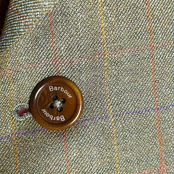 Vintage BARBOUR Wool Suit Jacket Sport Coat Blazer Olive Green Plaid size US 44L - Picture 8 of 16